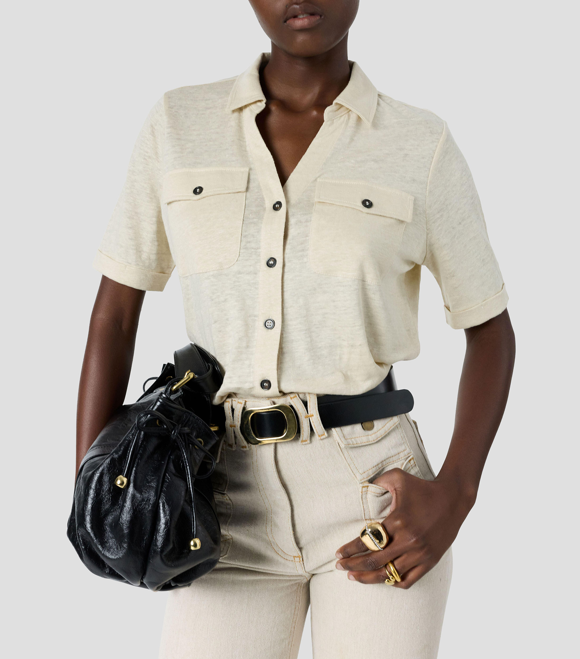 Camisa lisa de lino manga corta Mujer